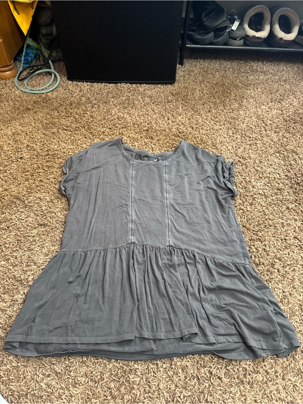 American Eagle Outfitters Charcoal Short Sleeve Ruffle-Hem Tee